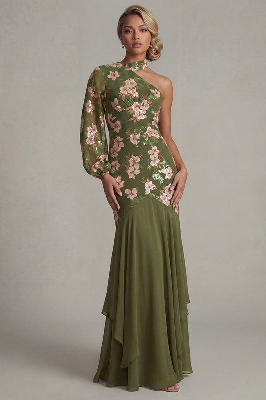 Mermaid Sparkly Eucalyptus Floral Long Mother of the Bride Dress with Ruffles