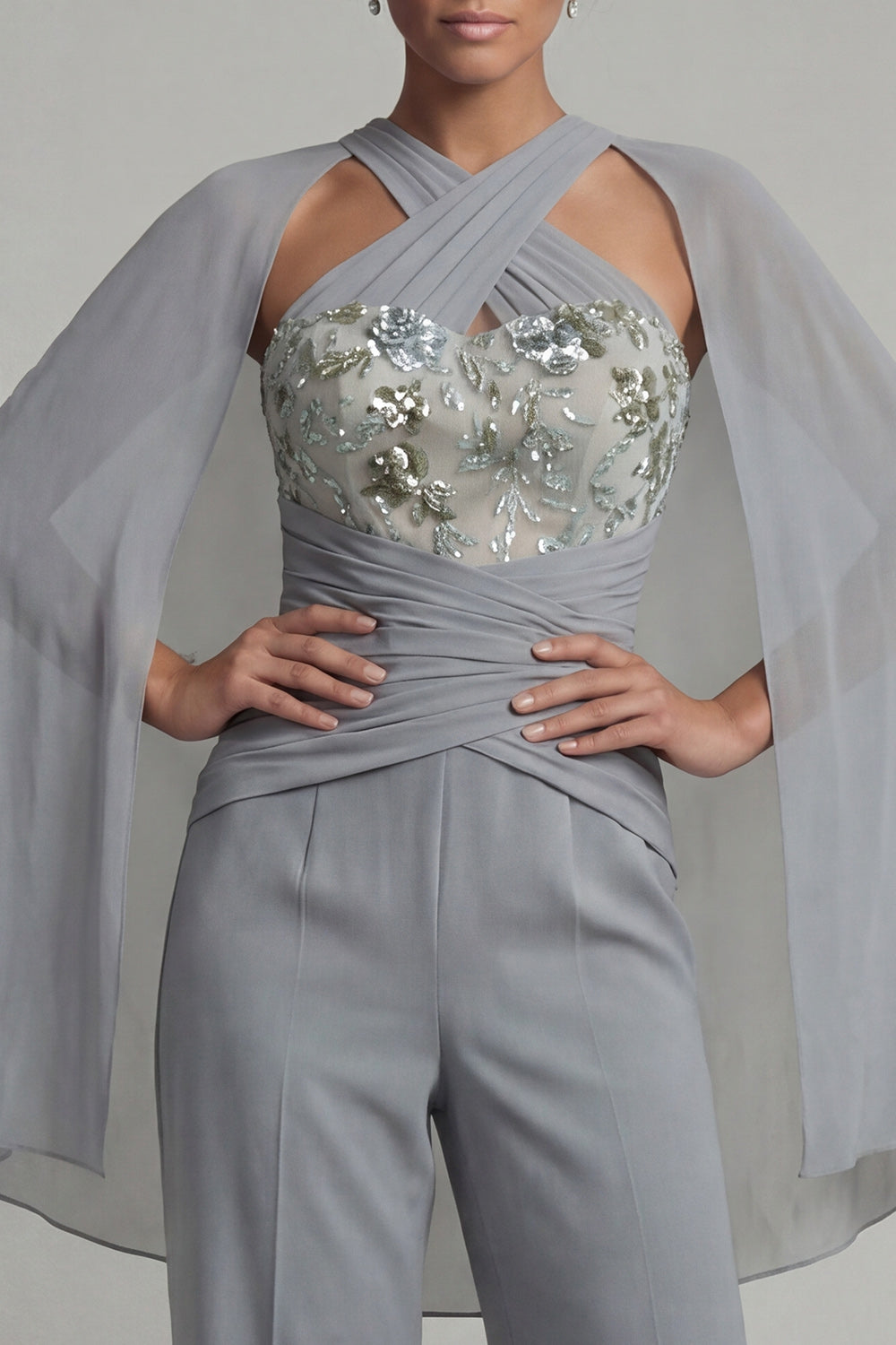 Sparkly Grey Blue Halter Floral Ruched Mother of the Bride Jumpsuits with Cape