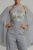 Sparkly Grey Blue Halter Floral Ruched Mother of the Bride Jumpsuits with Cape