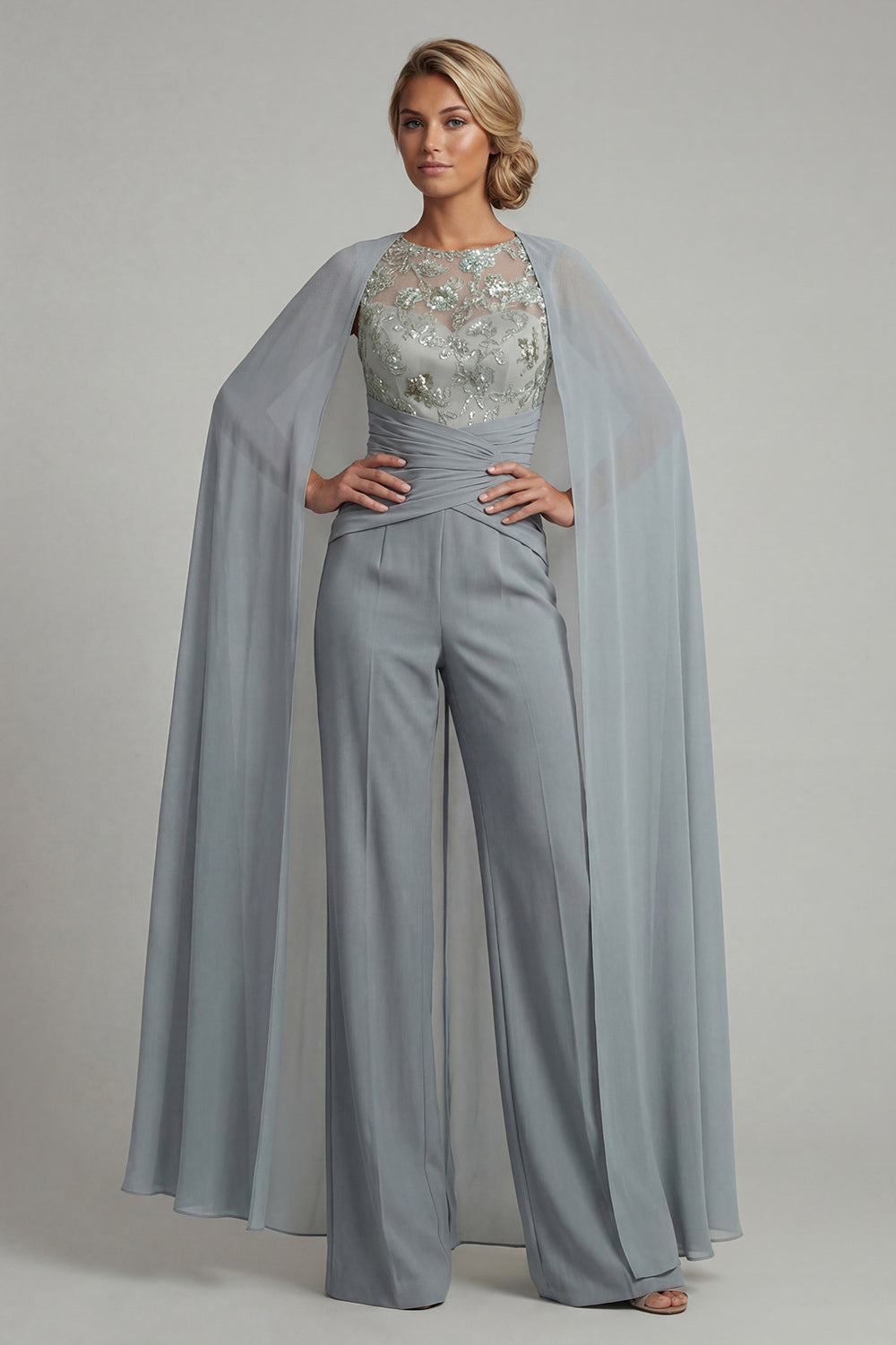 Boat Neck Sparkly Grey Blue Floral Ruched Mother of the Bride Jumpsuits with Cape