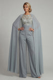 Boat Neck Sparkly Grey Blue Floral Ruched Mother of the Bride Jumpsuits with Cape