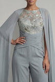 Boat Neck Sparkly Grey Blue Floral Ruched Mother of the Bride Jumpsuits with Cape