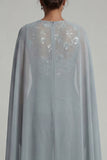 Boat Neck Sparkly Grey Blue Floral Ruched Mother of the Bride Jumpsuits with Cape