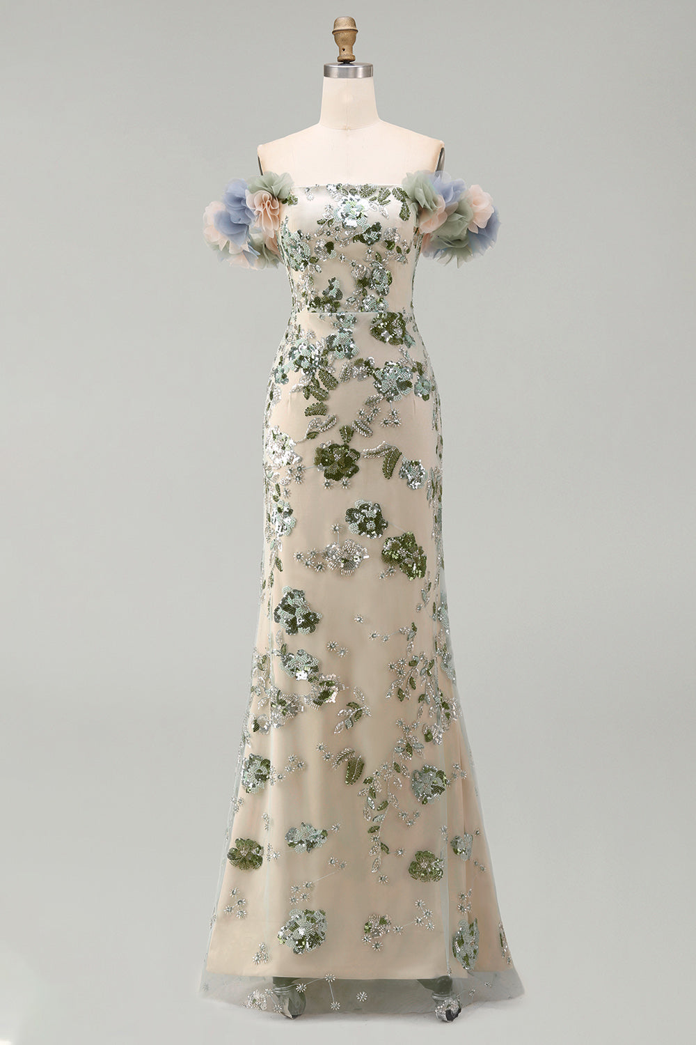 Sparkly Dusty Sage Long Beaded Mermaid Floral Mother of the Bride Dress