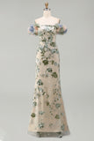 Sparkly Dusty Sage Long Beaded Mermaid Floral Mother of the Bride Dress
