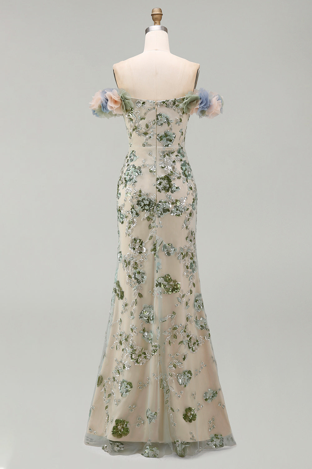 Sparkly Dusty Sage Long Beaded Mermaid Floral Mother of the Bride Dress