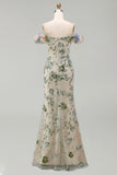 Sparkly Dusty Sage Long Beaded Mermaid Floral Mother of the Bride Dress