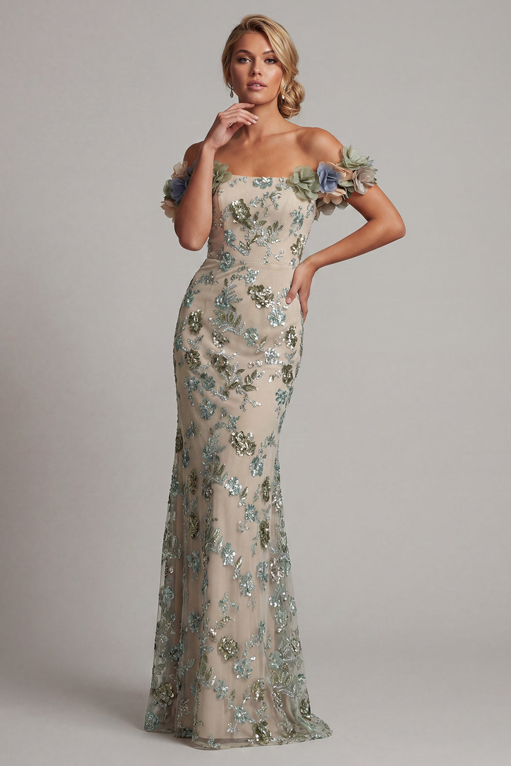 Sparkly Dusty Sage Long Floral Mother of the Bride Dress with Beading Mermaid Off the Shoulder Evening Dress