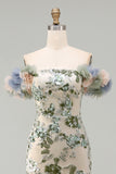 Sparkly Dusty Sage Long Beaded Mermaid Floral Mother of the Bride Dress