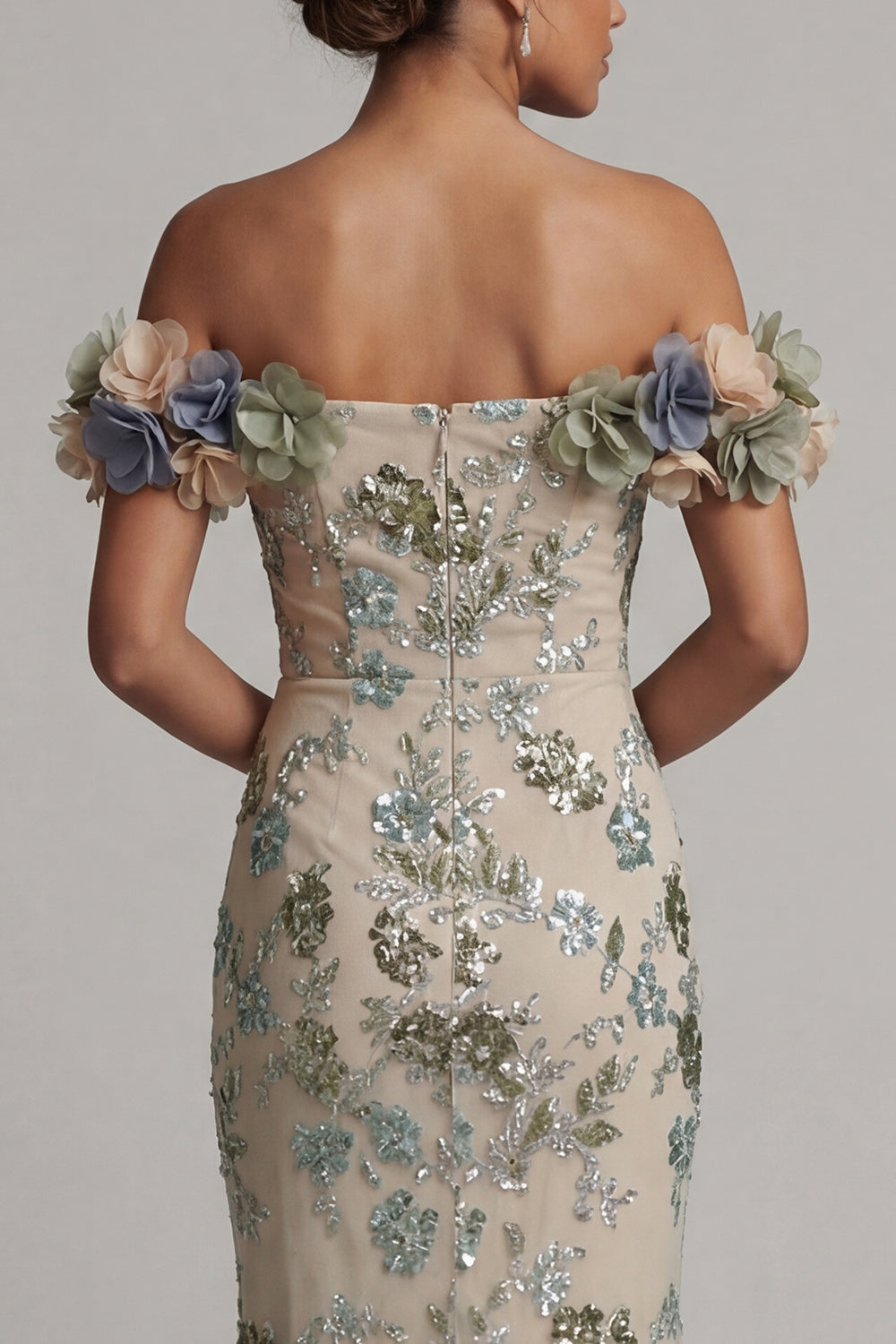 Sparkly Dusty Sage Long Beaded Mermaid Floral Mother of the Bride Dress