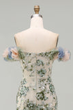 Sparkly Dusty Sage Long Beaded Mermaid Floral Mother of the Bride Dress
