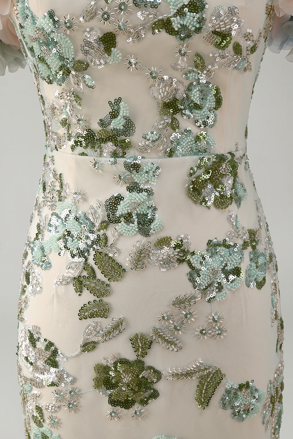 Sparkly Dusty Sage Long Beaded Mermaid Floral Mother of the Bride Dress