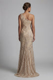 Mermaid Sparkly Champagne Long Beaded Floral Mother of the Bride Dress with Bow