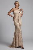 Mermaid Sparkly Champagne Long Beaded Floral Mother of the Bride Dress with Bow