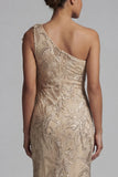 Mermaid Sparkly Champagne Long Beaded Floral Mother of the Bride Dress with Bow