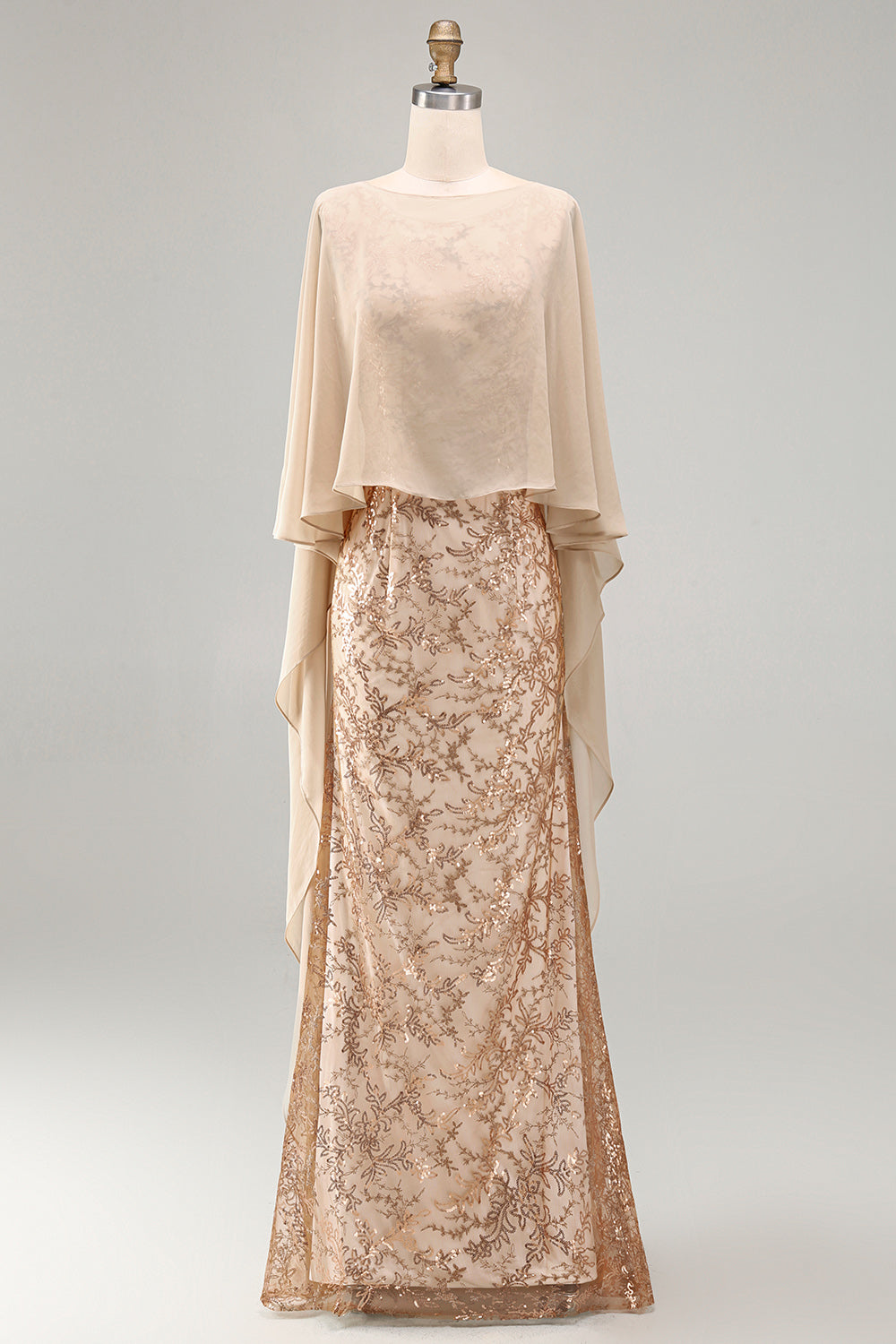 Floral Long Mermaid Sparkly Champagne Beaded Mother of the Bride Dress with Cape