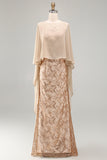 Floral Long Mermaid Sparkly Champagne Beaded Mother of the Bride Dress with Cape