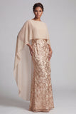 Floral Long Mermaid Sparkly Champagne Beaded Mother of the Bride Dress with Cape