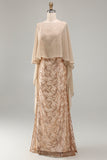 Floral Long Mermaid Sparkly Champagne Beaded Mother of the Bride Dress with Cape