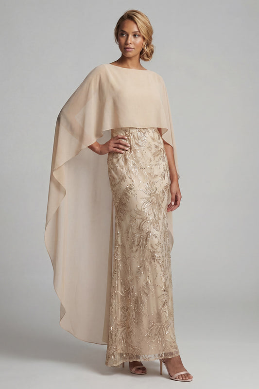 Floral Long Mermaid Sparkly Champagne Beaded Mother of the Bride Dress with Cape