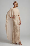 Floral Long Mermaid Sparkly Champagne Beaded Mother of the Bride Dress with Cape