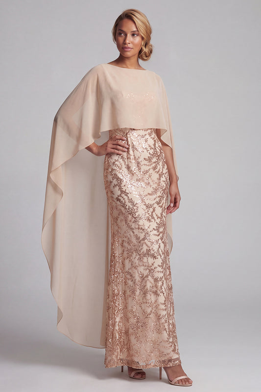Floral Long Mermaid Sparkly Champagne Beaded Mother of the Bride Dress with Cape