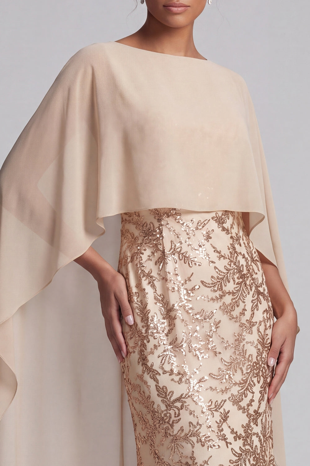 Floral Long Mermaid Sparkly Champagne Beaded Mother of the Bride Dress with Cape