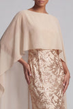 Floral Long Mermaid Sparkly Champagne Beaded Mother of the Bride Dress with Cape