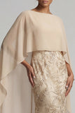 Floral Long Mermaid Sparkly Champagne Beaded Mother of the Bride Dress with Cape