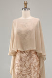 Floral Long Mermaid Sparkly Champagne Beaded Mother of the Bride Dress with Cape