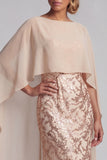 Floral Long Mermaid Sparkly Champagne Beaded Mother of the Bride Dress with Cape