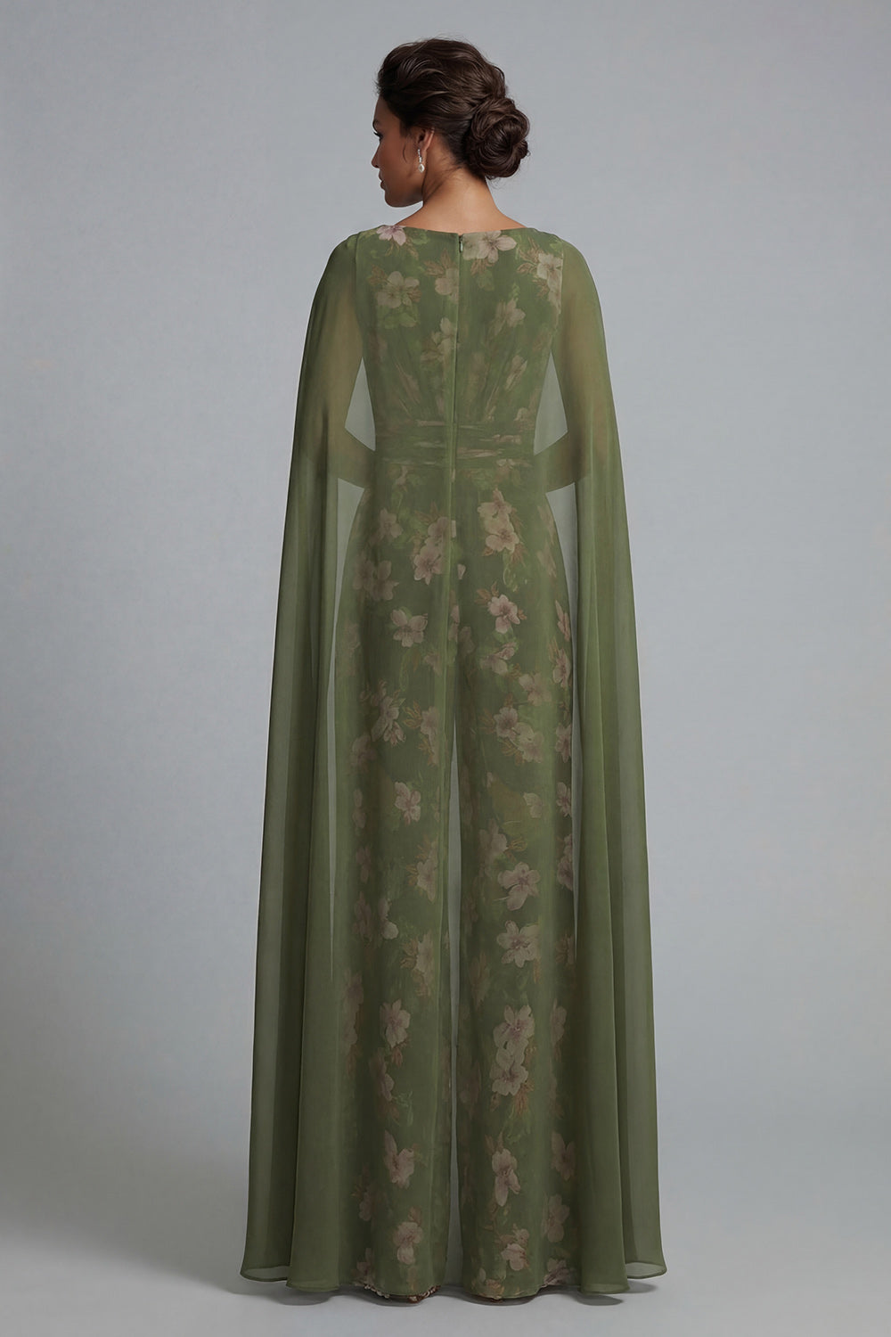 V-Neck Eucalyptus Floral Ruched Mother of the Bride Jumpsuits with Pockets