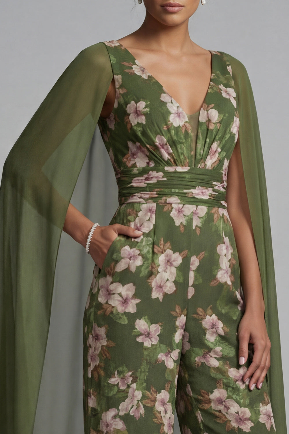 V-Neck Eucalyptus Floral Ruched Mother of the Bride Jumpsuits with Pockets