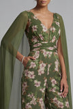 V-Neck Eucalyptus Floral Ruched Mother of the Bride Jumpsuits with Pockets