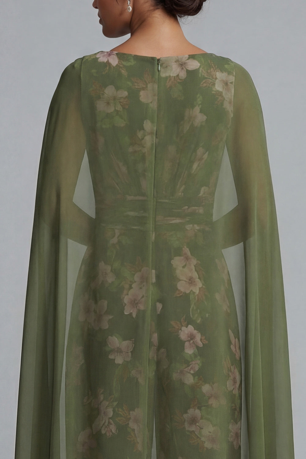 V-Neck Eucalyptus Floral Ruched Mother of the Bride Jumpsuits with Pockets