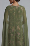 V-Neck Eucalyptus Floral Ruched Mother of the Bride Jumpsuits with Pockets