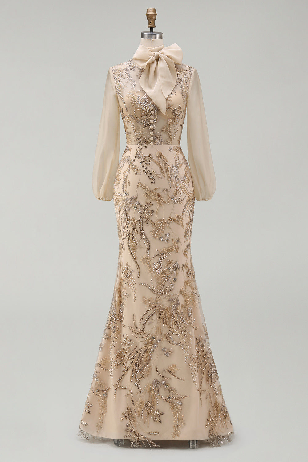 Long Beaded Floral Mermaid Sparkly Champagne Mother of the Bride Dress with Bow