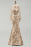 Long Beaded Floral Mermaid Sparkly Champagne Mother of the Bride Dress with Bow