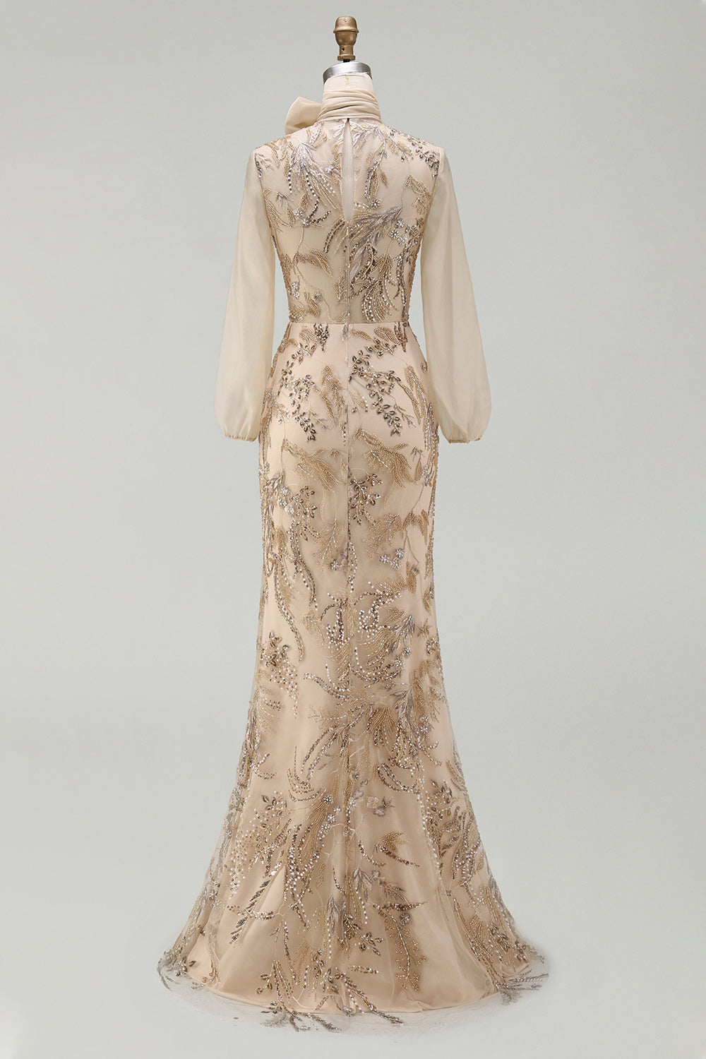 Long Beaded Floral Mermaid Sparkly Champagne Mother of the Bride Dress with Bow