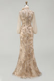 Long Beaded Floral Mermaid Sparkly Champagne Mother of the Bride Dress with Bow