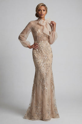 Sparkly Champagne Long Floral Mother of the Bride Dress with Bow Mermaid Beaded Long Sleeves Evening Dress