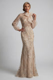 Sparkly Champagne Long Floral Mother of the Bride Dress with Bow Mermaid Beaded Long Sleeves Evening Dress