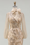 Long Beaded Floral Mermaid Sparkly Champagne Mother of the Bride Dress with Bow