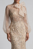 Long Beaded Floral Mermaid Sparkly Champagne Mother of the Bride Dress with Bow