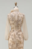 Long Beaded Floral Mermaid Sparkly Champagne Mother of the Bride Dress with Bow