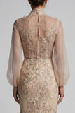 Long Beaded Floral Mermaid Sparkly Champagne Mother of the Bride Dress with Bow