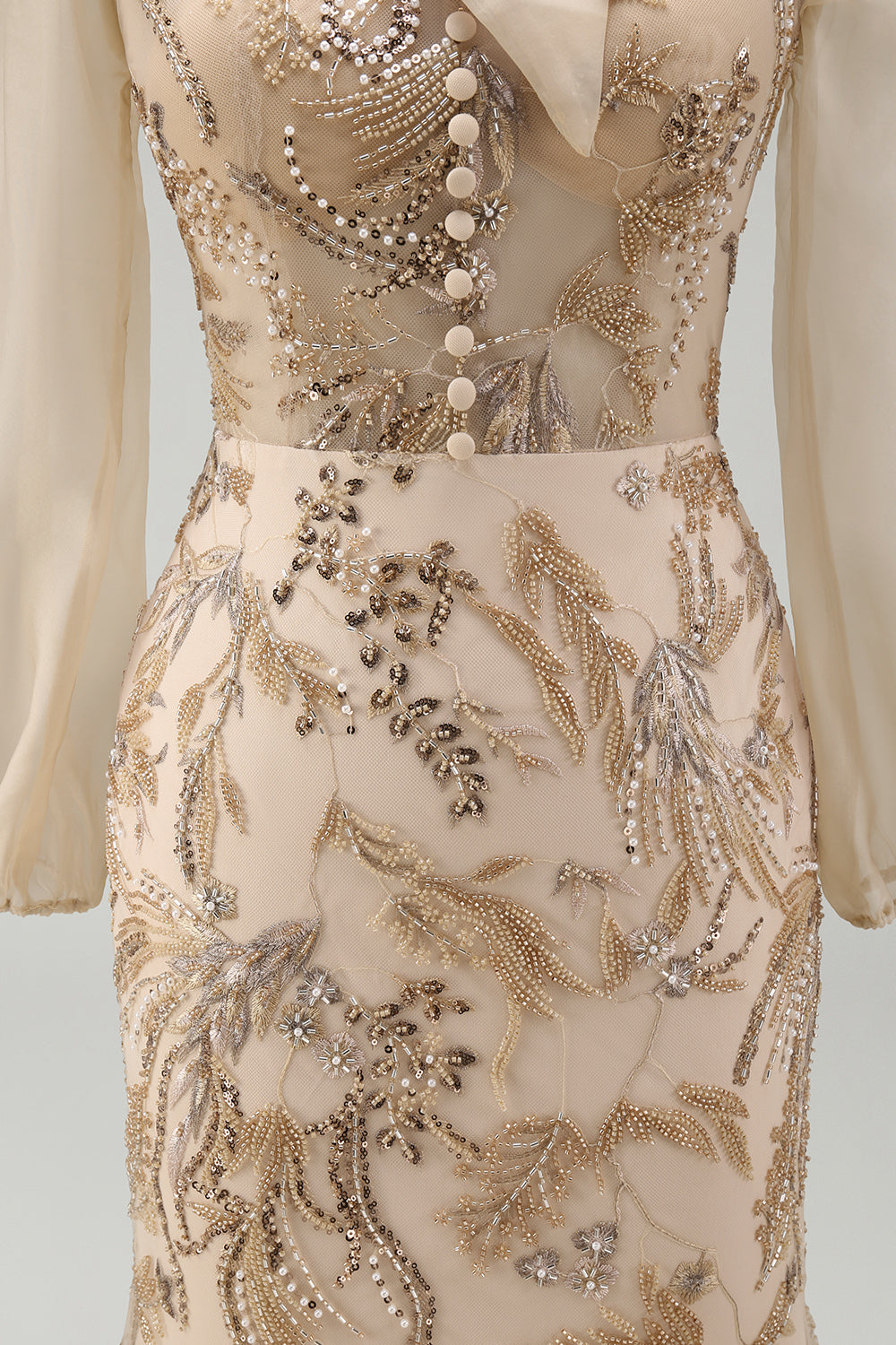 Long Beaded Floral Mermaid Sparkly Champagne Mother of the Bride Dress with Bow