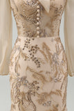 Long Beaded Floral Mermaid Sparkly Champagne Mother of the Bride Dress with Bow