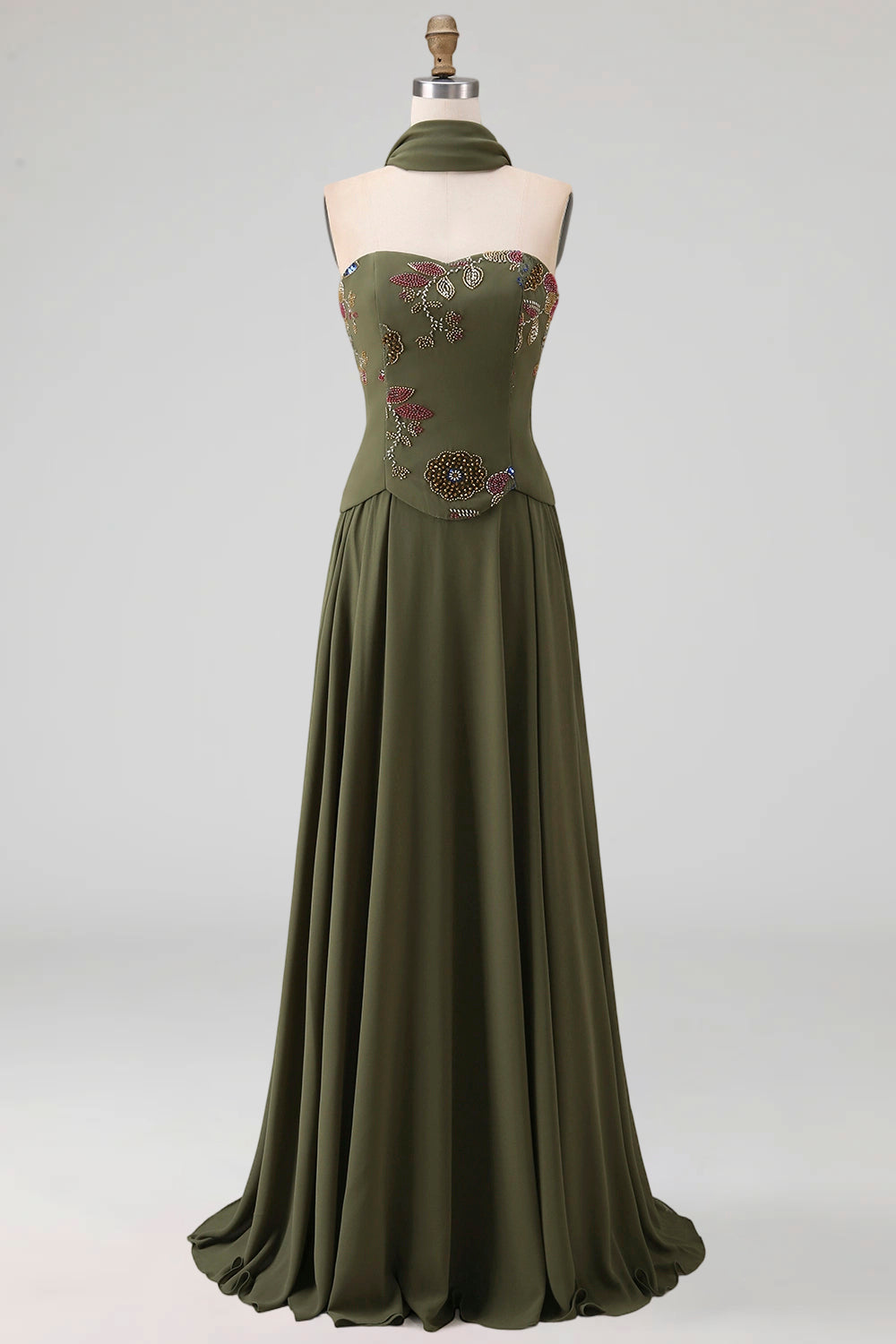 Olive Floral Strapless A Line Basque Wasit Long Mother of the Bride Dress with Beading