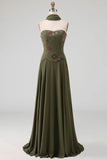 Olive Floral Strapless A Line Basque Wasit Long Mother of the Bride Dress with Beading